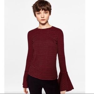 BNWT ZARA BLACK&RED STRIPED BELL SLEEVES KNIT TOP